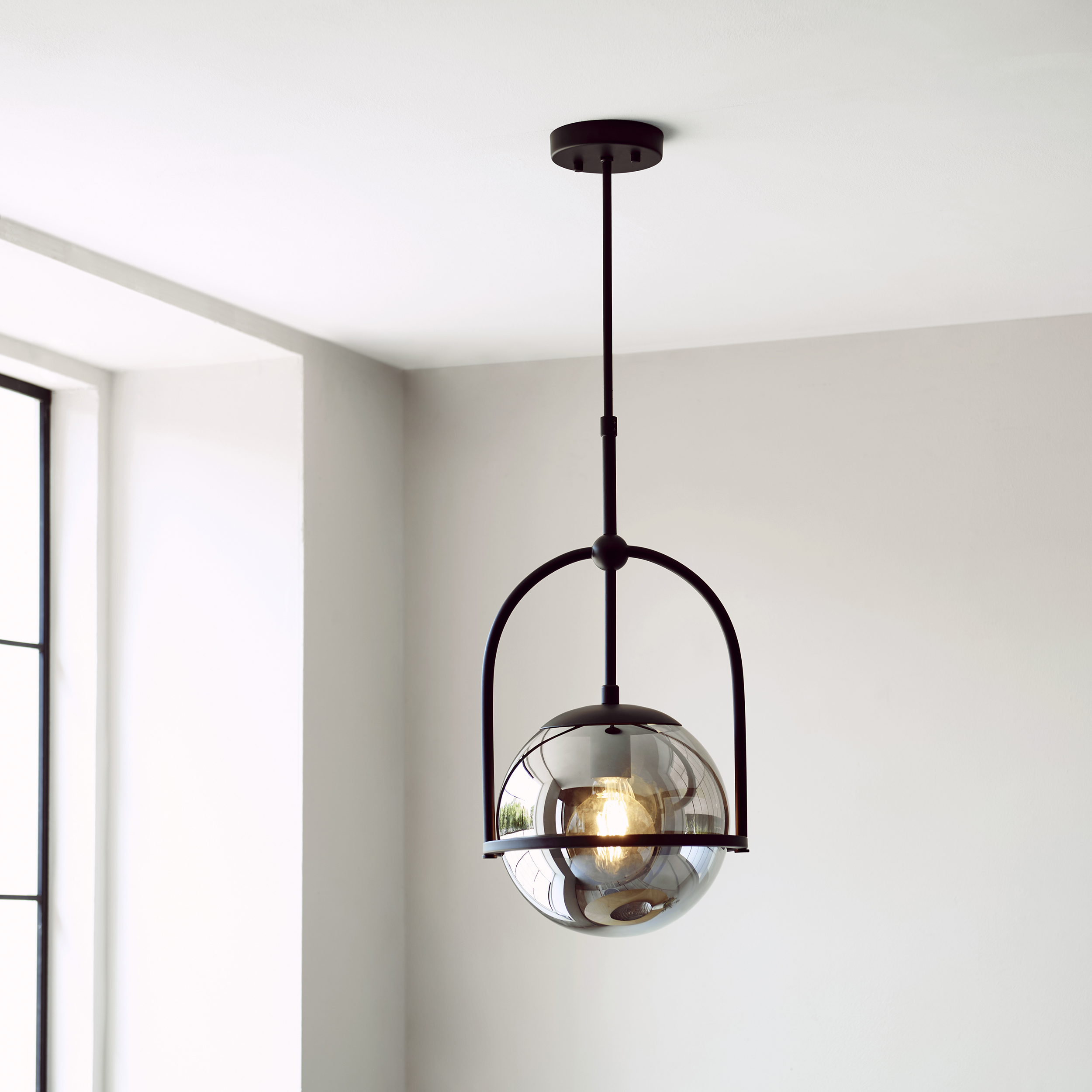 Luca Pendant Lamp, Black, Grey Glass, 1 Light, 27.5cm