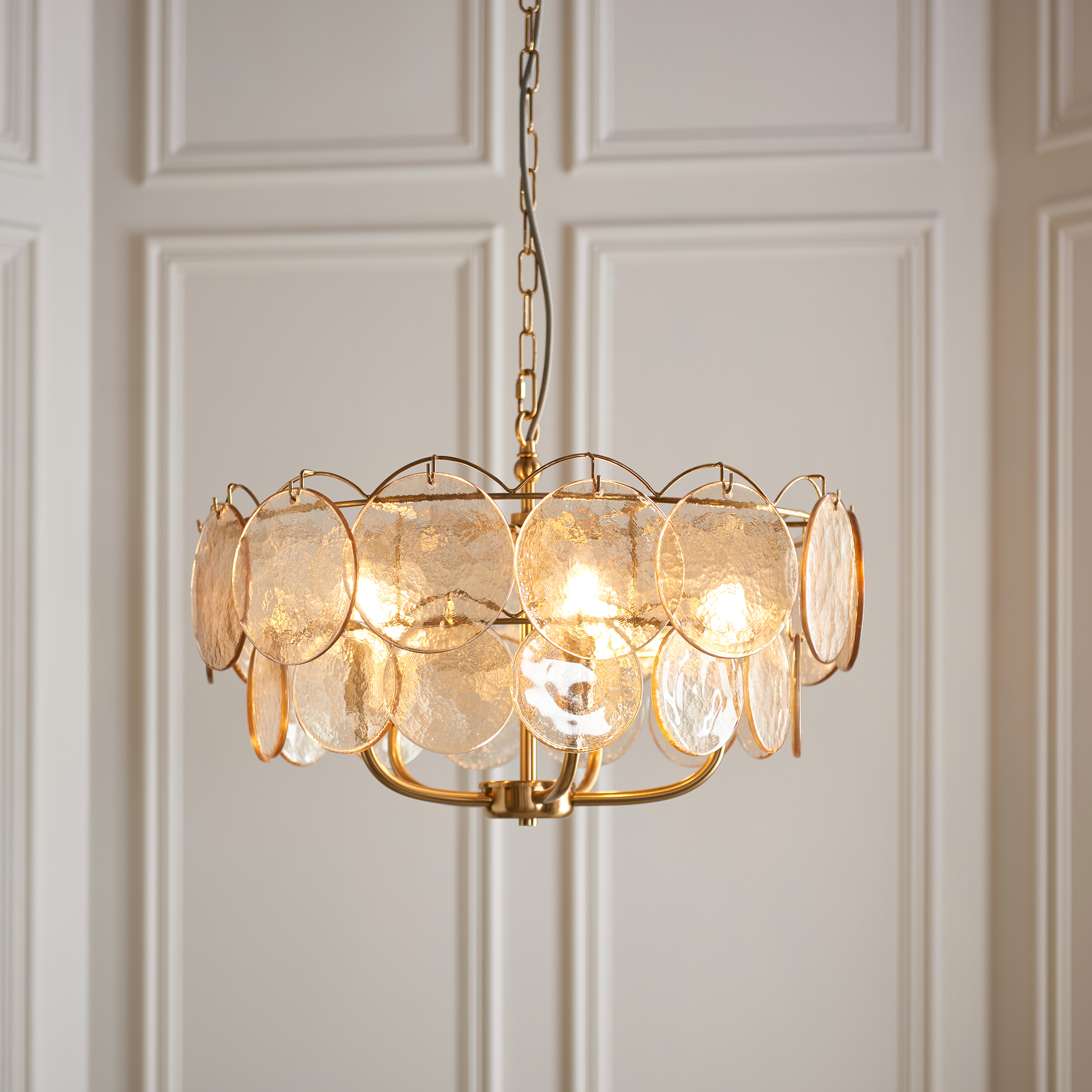 Halon 5 Light Chandelier, Multi Arm, Brushed Brass Metal, Amber Glass, 58cm Diameter