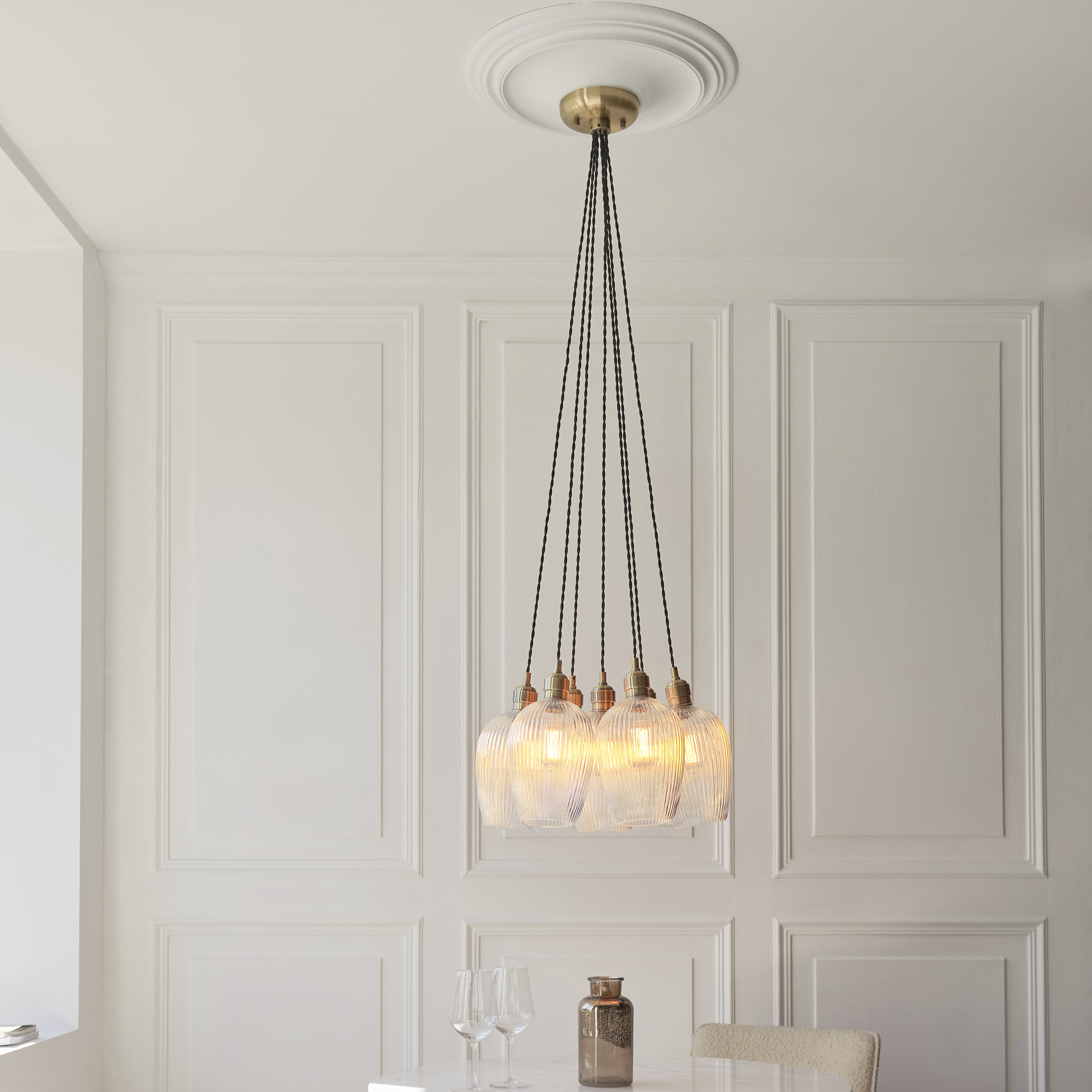 Kylo 7 Light Cluster Pendant Light, Antique Brass, Clear Ribbed Glass, 53cm Diameter