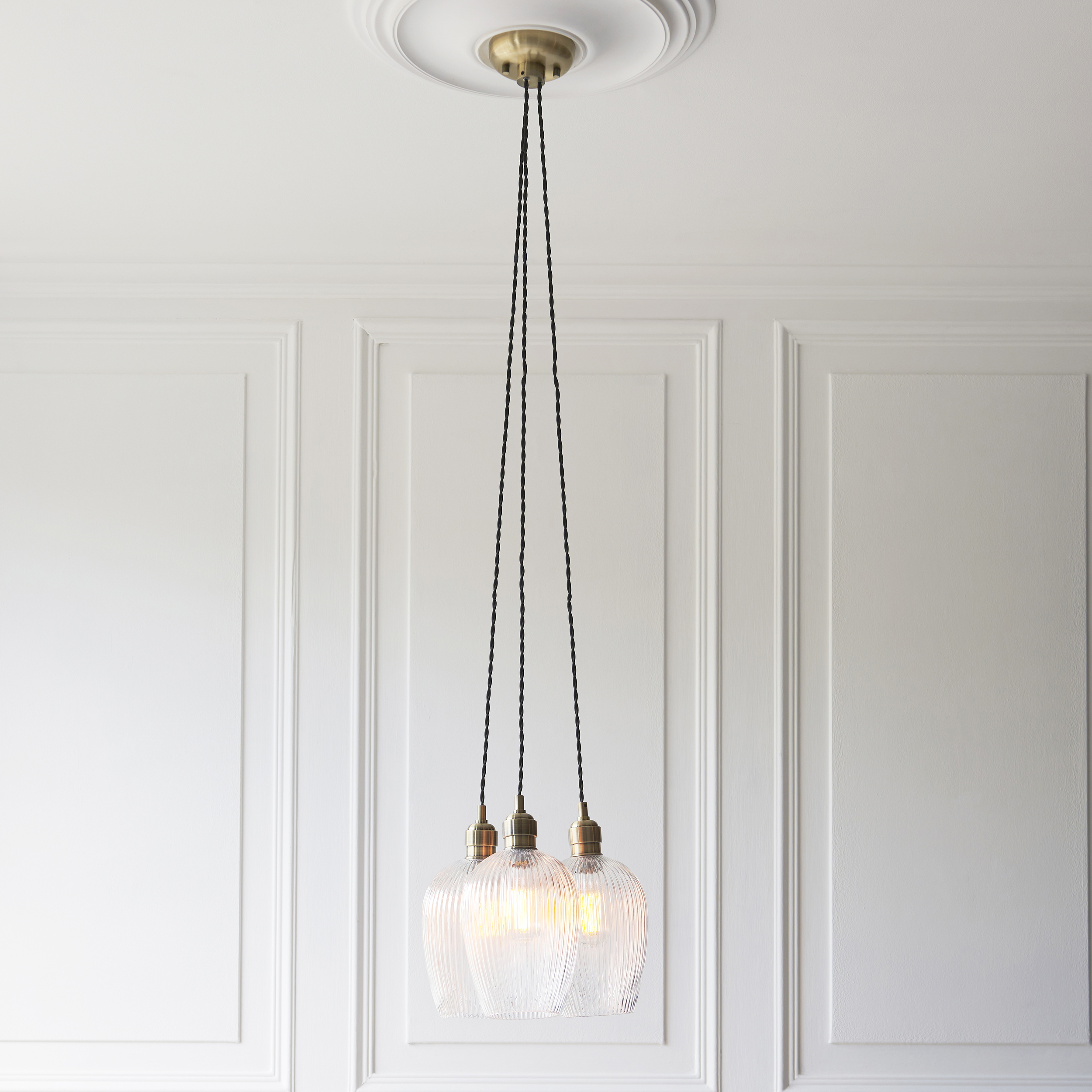 Kylo 3 Light Cluster Pendant Light, Antique Brass Metal, Clear Ribbed Glass, 34.6cm Diameter