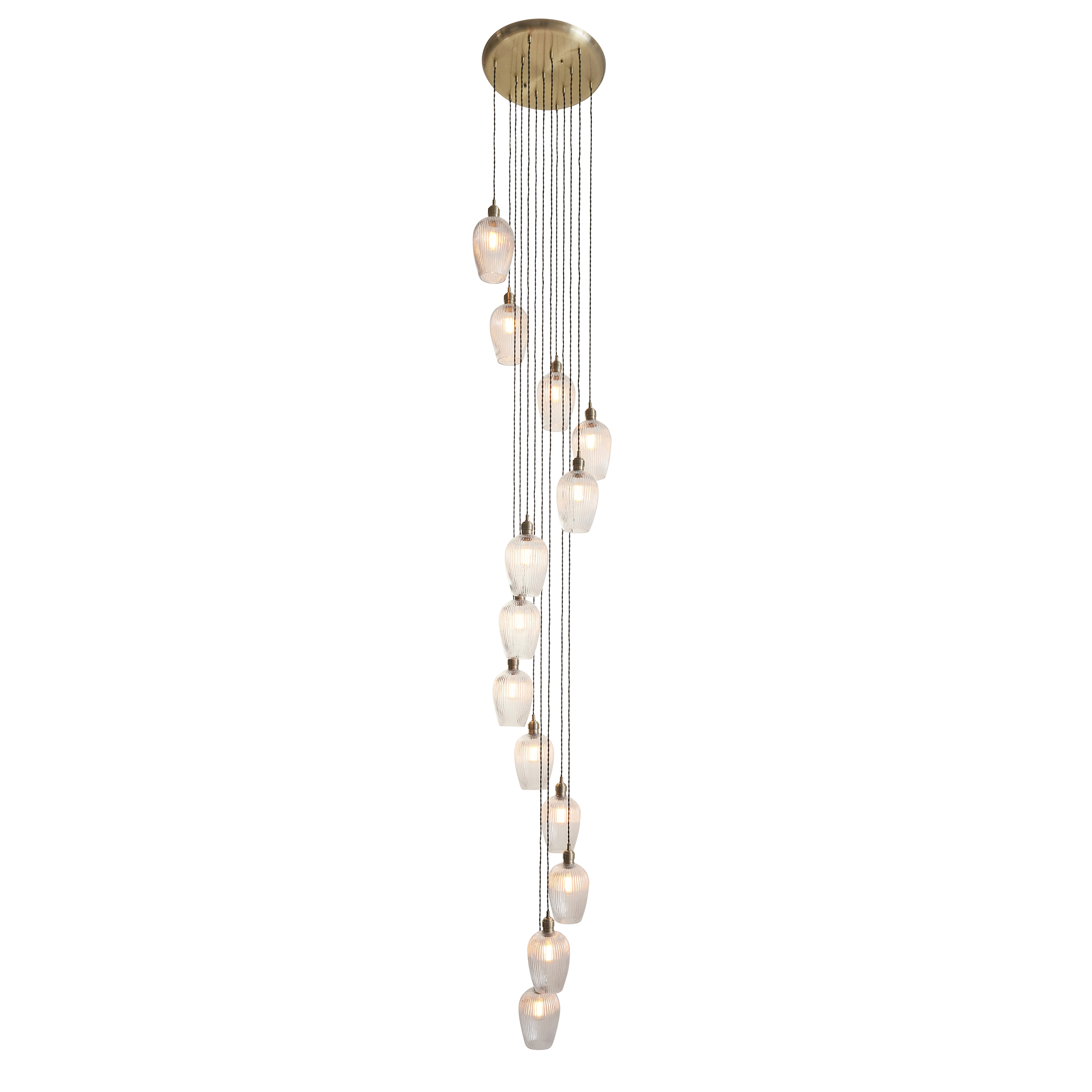 Kylo 13 Light Multi Drop Pendant Lamp, Antique Brass, Clear Ribbed Glass, 58cm Diameter