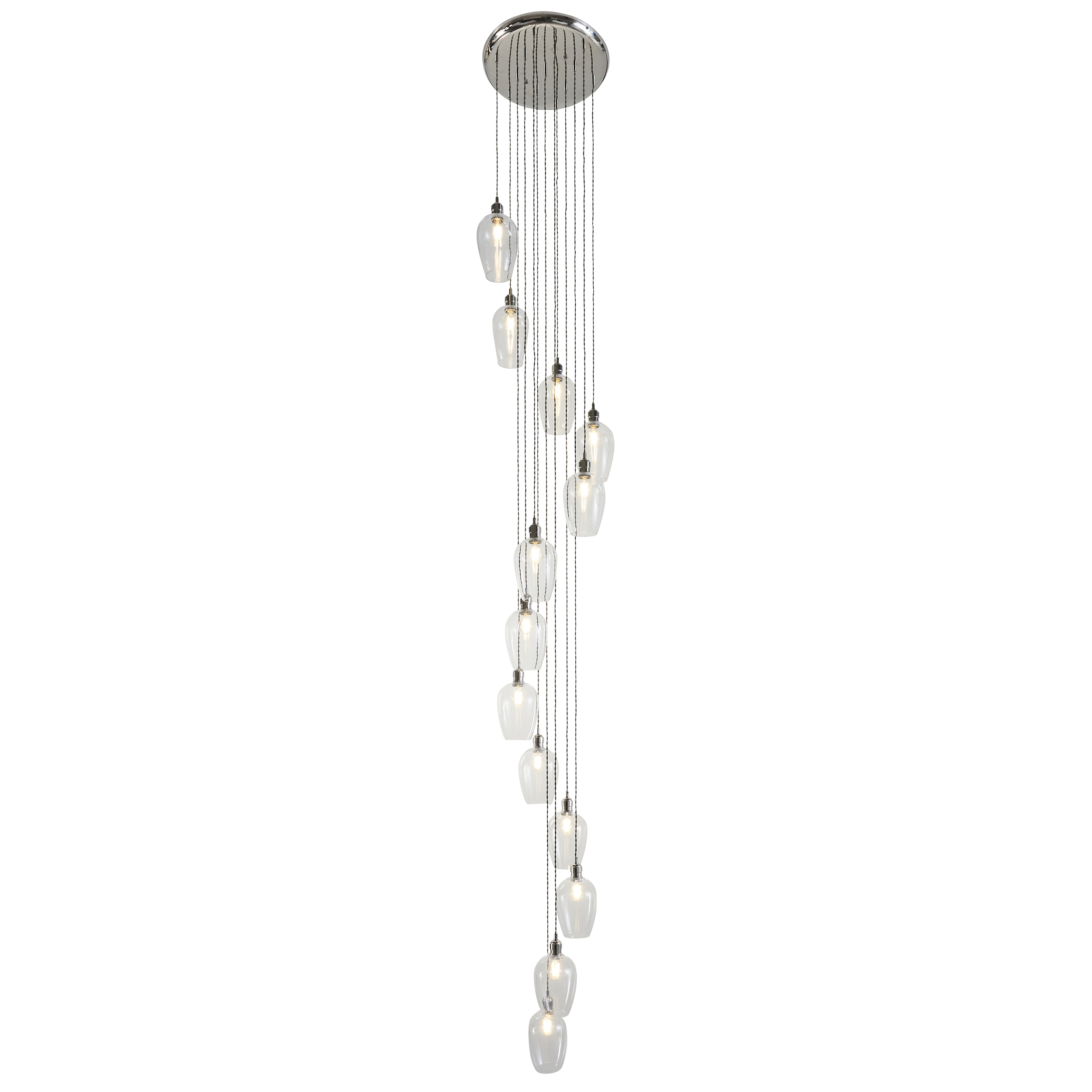Kylo 13 Light Multi Drop Pendant Light, Bright Nickel Metal, Clear Glass, 58cm Diameter
