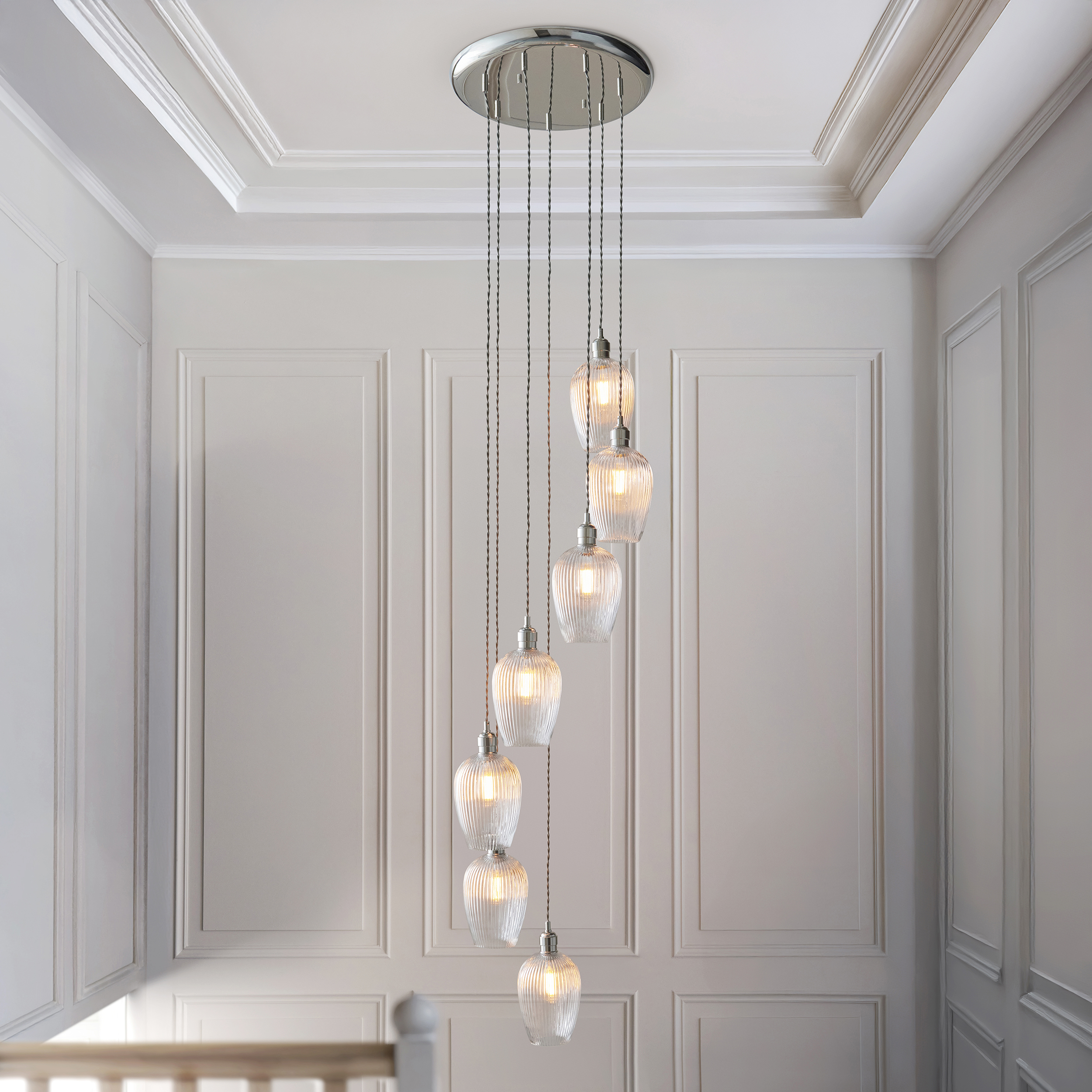 Kylo 7 Light Multi Drop Pendant Lamp, Bright Nickel, Clear Ribbed Glass, 48cm Diameter