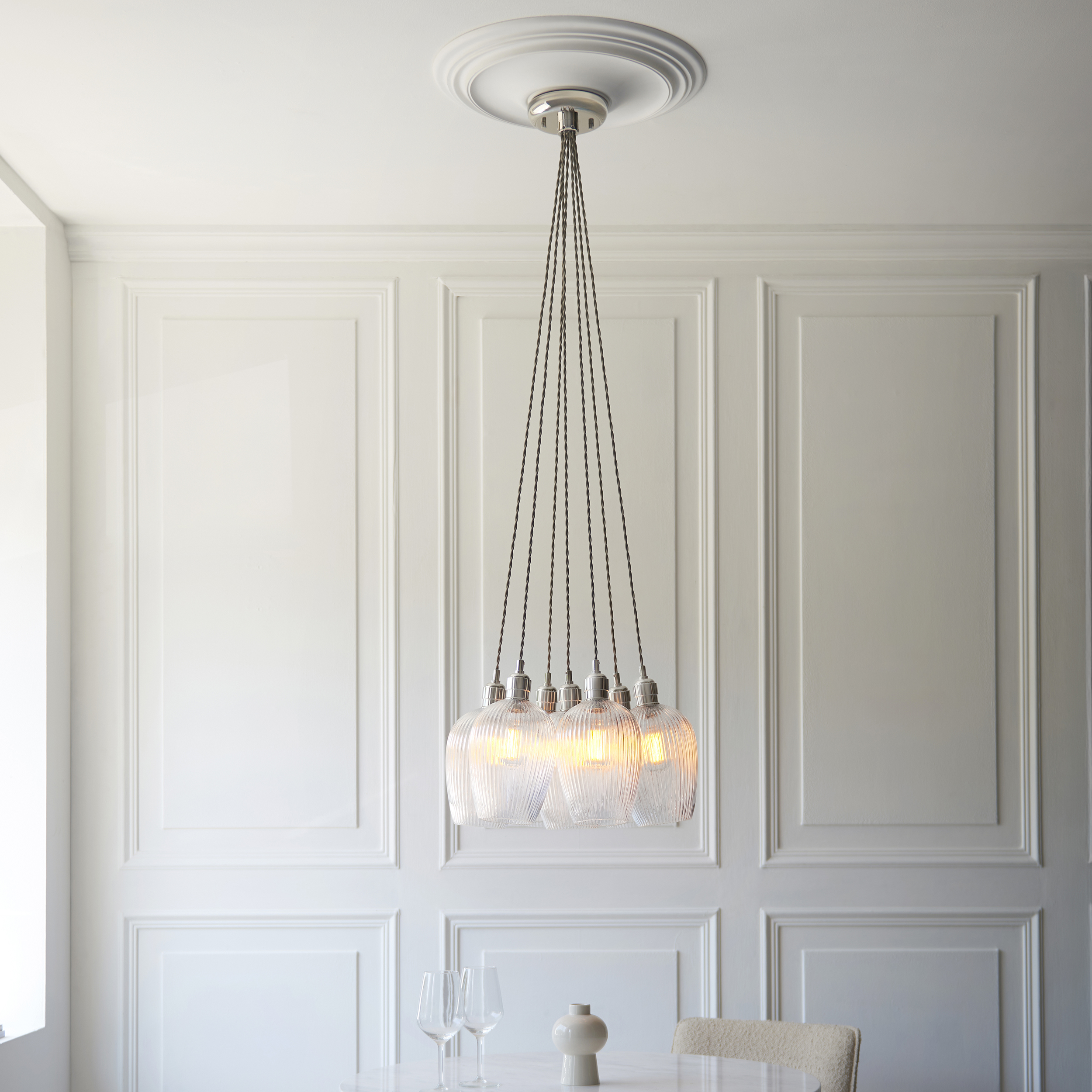 Kylo 7 Light Cluster Pendant Lamp, Bright Nickel, Clear Ribbed Glass, 53cm Diameter