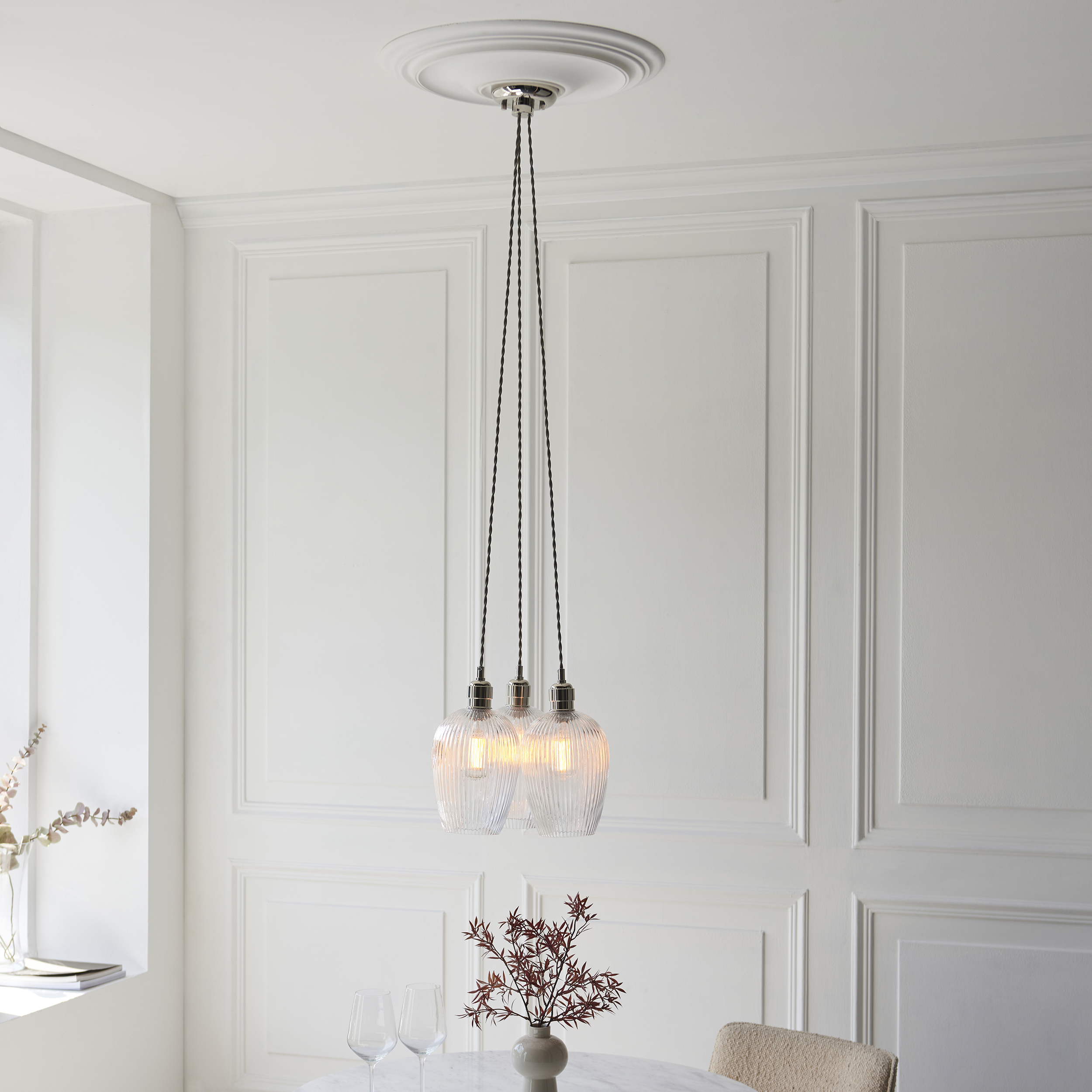 Kylo 3 Light Cluster Pendant Lamp, Bright Nickel Metal, Clear Ribbed Glass 34.6cm Diameter