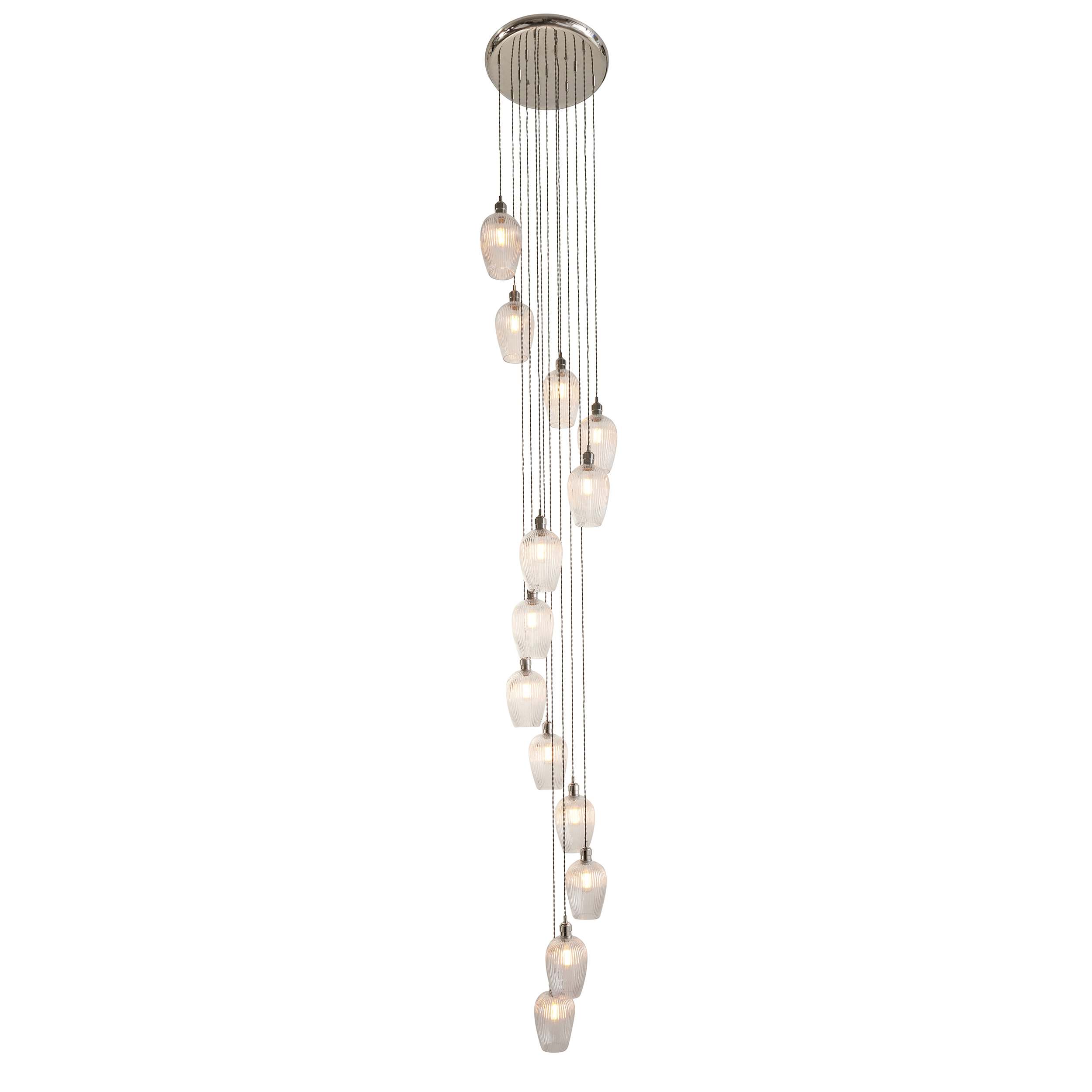 Kylo 13 Lamp Multi Drop Pendant Light, Bright Nickel, Clear Ribbed Glass, 58cm Diameter