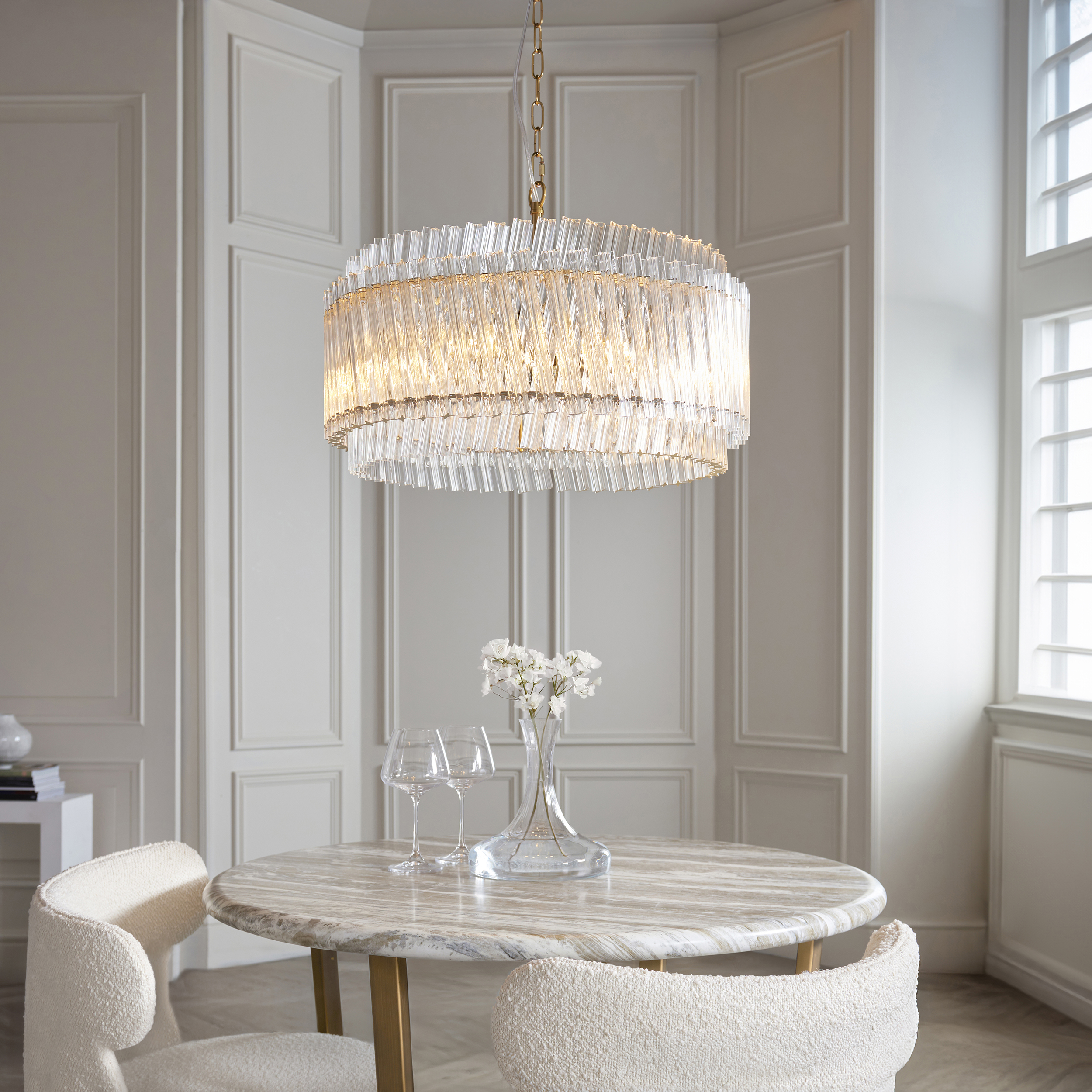 Kiro 5 Light Pendant Lamp, Clear Glass Rods, Tiered, Brushed Aged Brass, 53cm Diameter