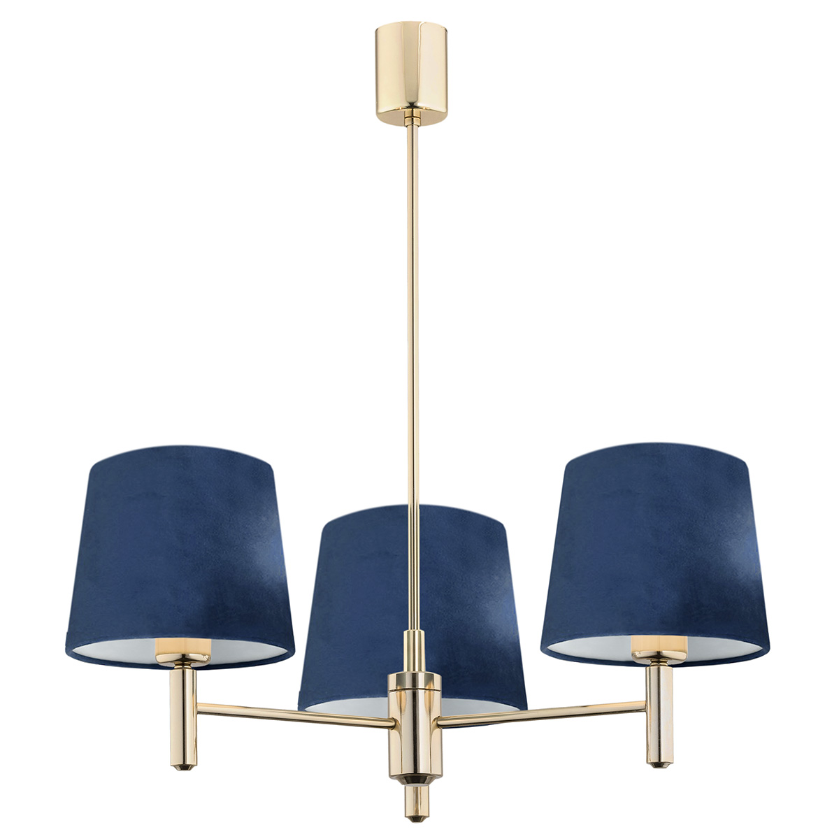 Ponta 3 Lamp Chandelier, Brass, Navy Blue Fabric Shades, 47.5cm
