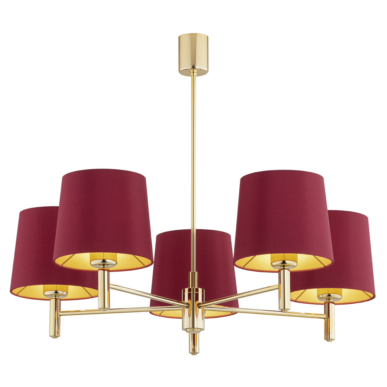 Ponta 5 Light Chandelier, Brass, Red Lampshades, 71cm
