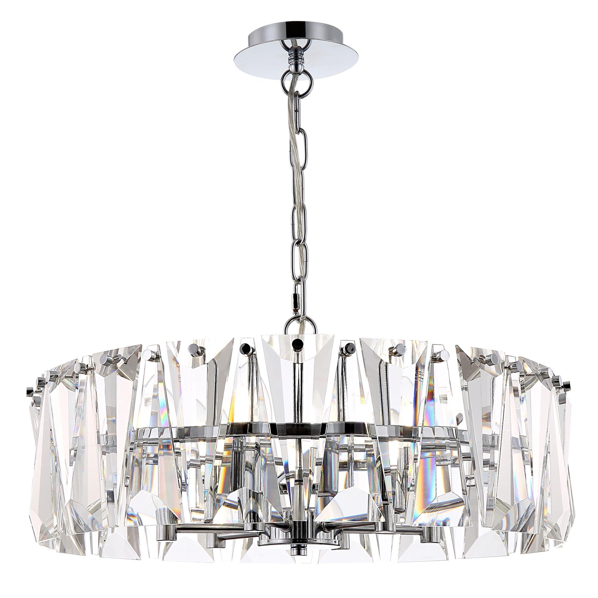 Puntes Circular 6 Light Pendant Lamp, Metal, Chrome, Crystal Cut Glass, 51.7cm Wide