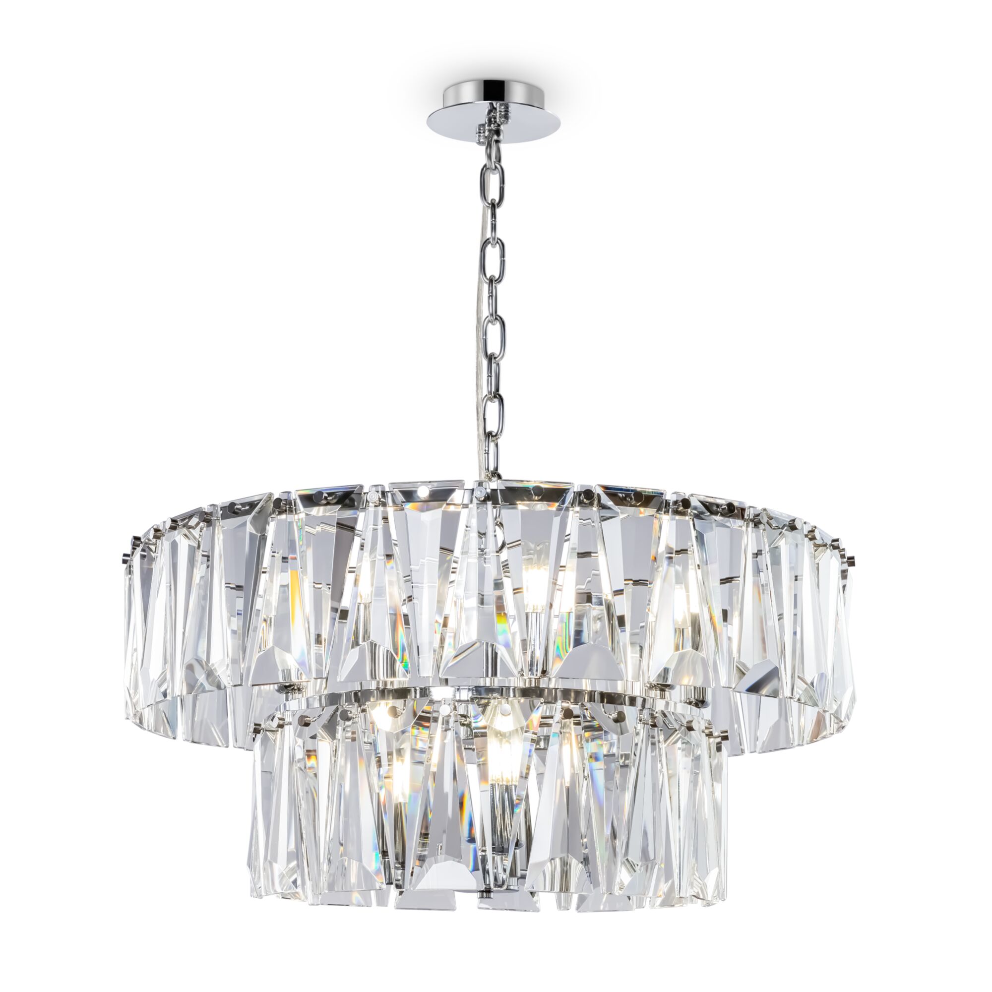 Puntes 2 Tier Pendant Light, Chrome, Crystal Glass, 12 Lamp, 68cm Wide