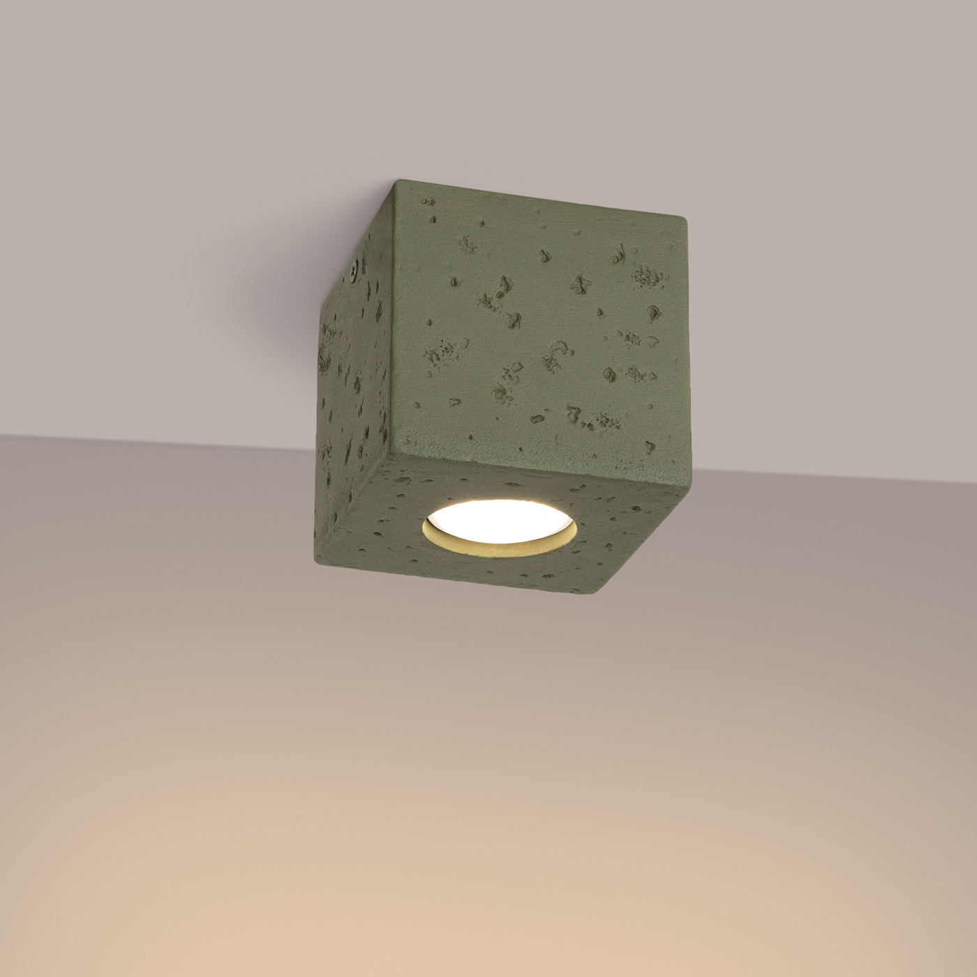 Kwad Olive Green Concrete Square Ceiling Lamp, 1 Light, GU10, 10cm Wide