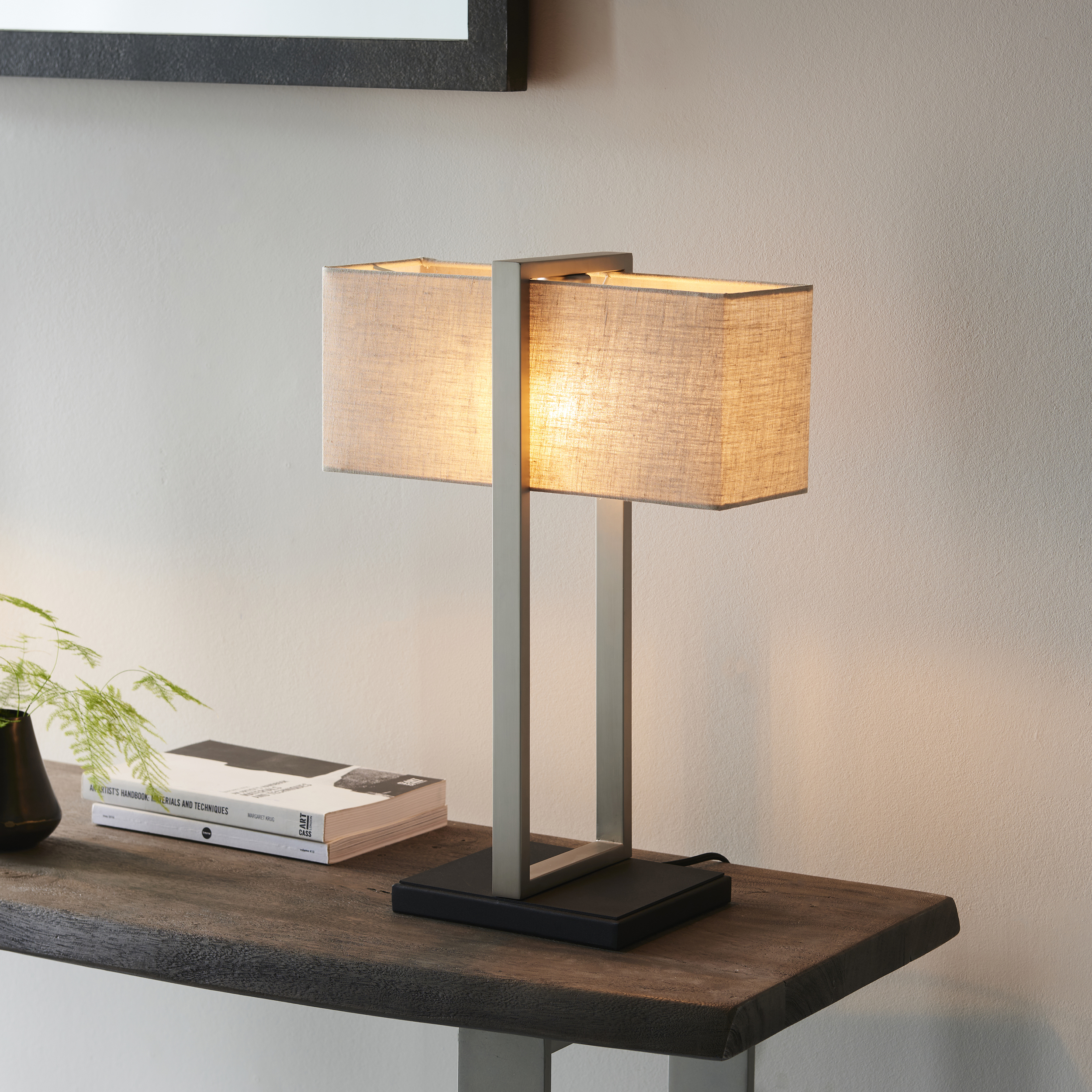 Antio Table Lamp, Satin Nickel, Rectangle Lampshade