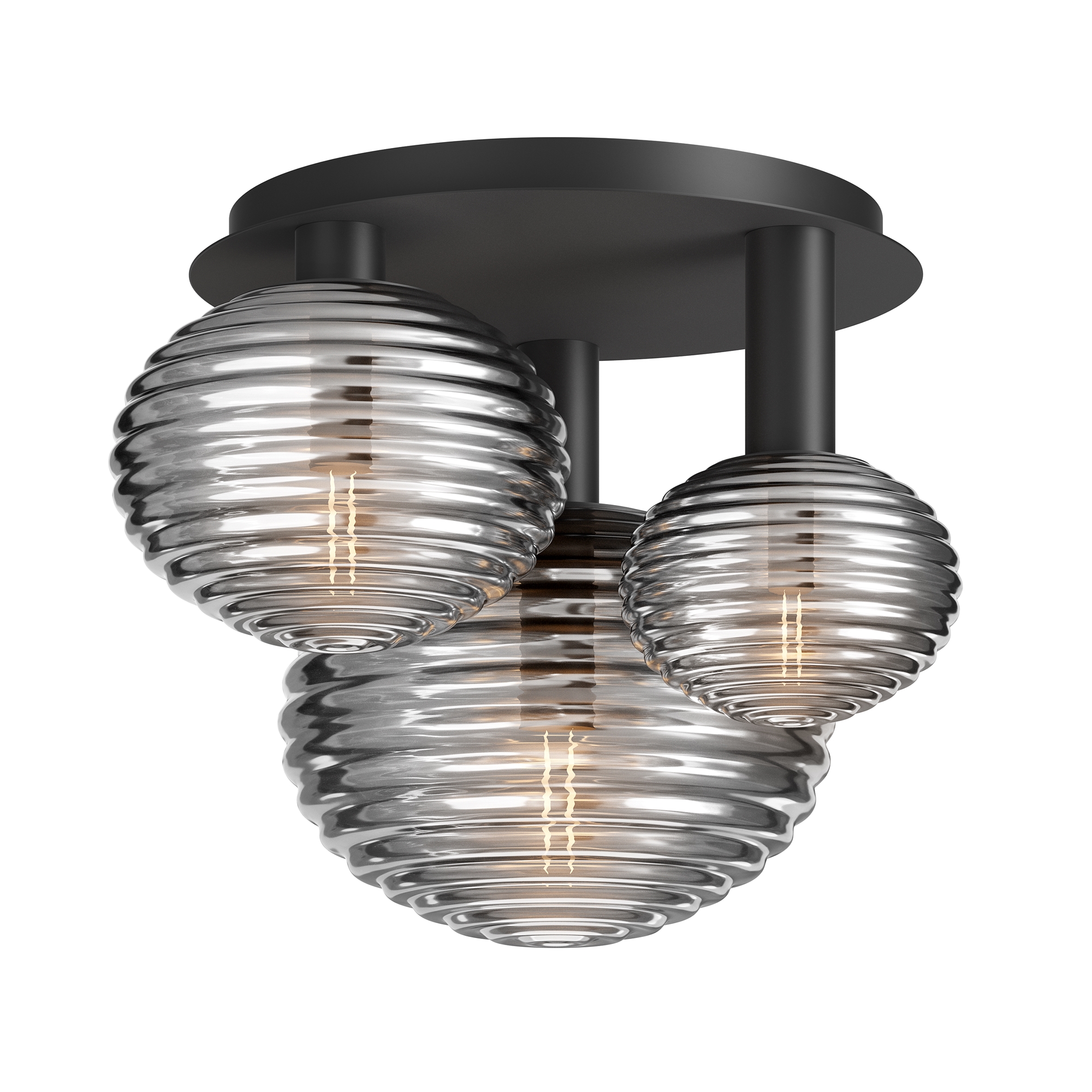 Reels Black Ceiling Lamp, Semi Flush, 3 Light, Ribbed Smoked Glass, 46cm Wide
