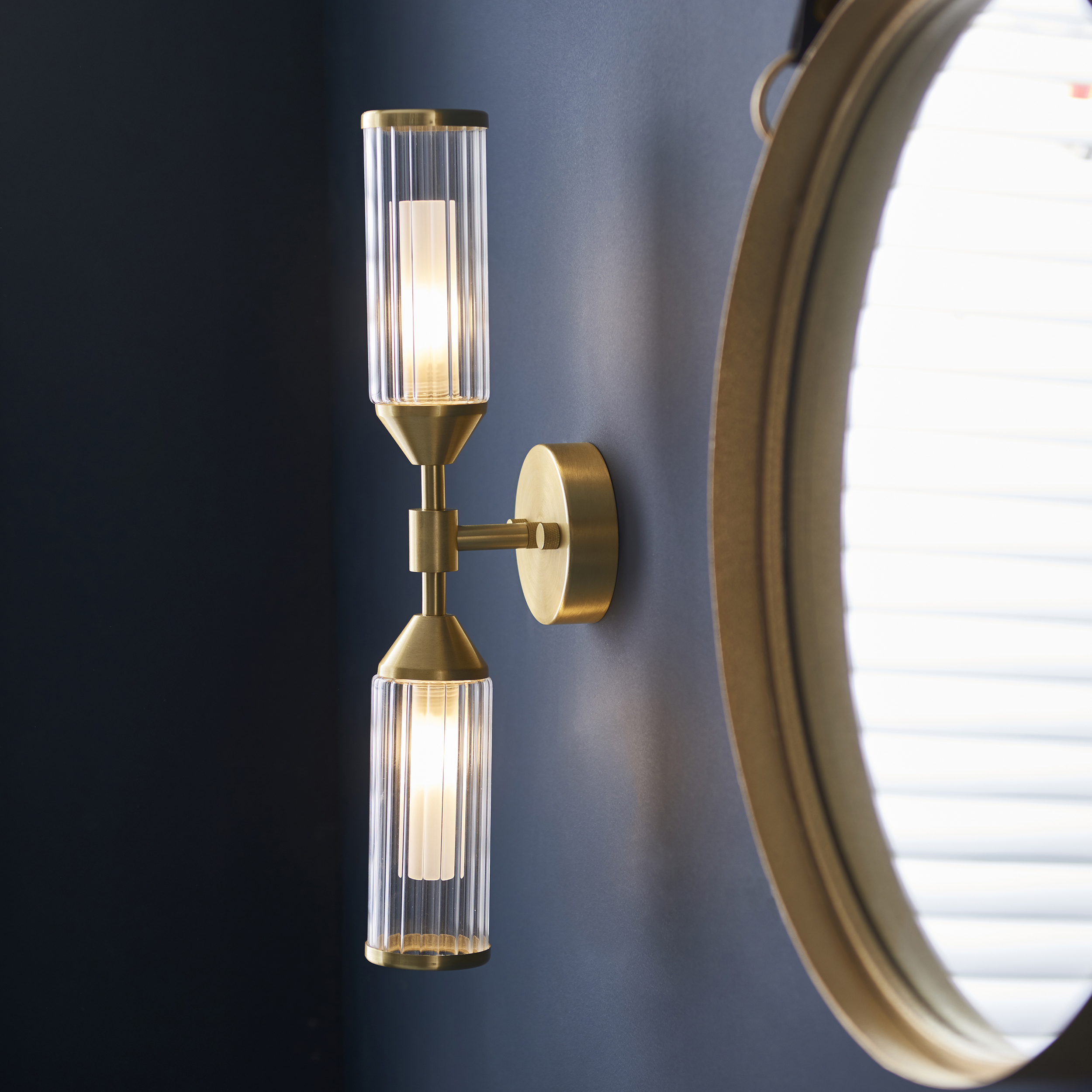 Mauris Double Wall Light, Brass, Ribbed Glass