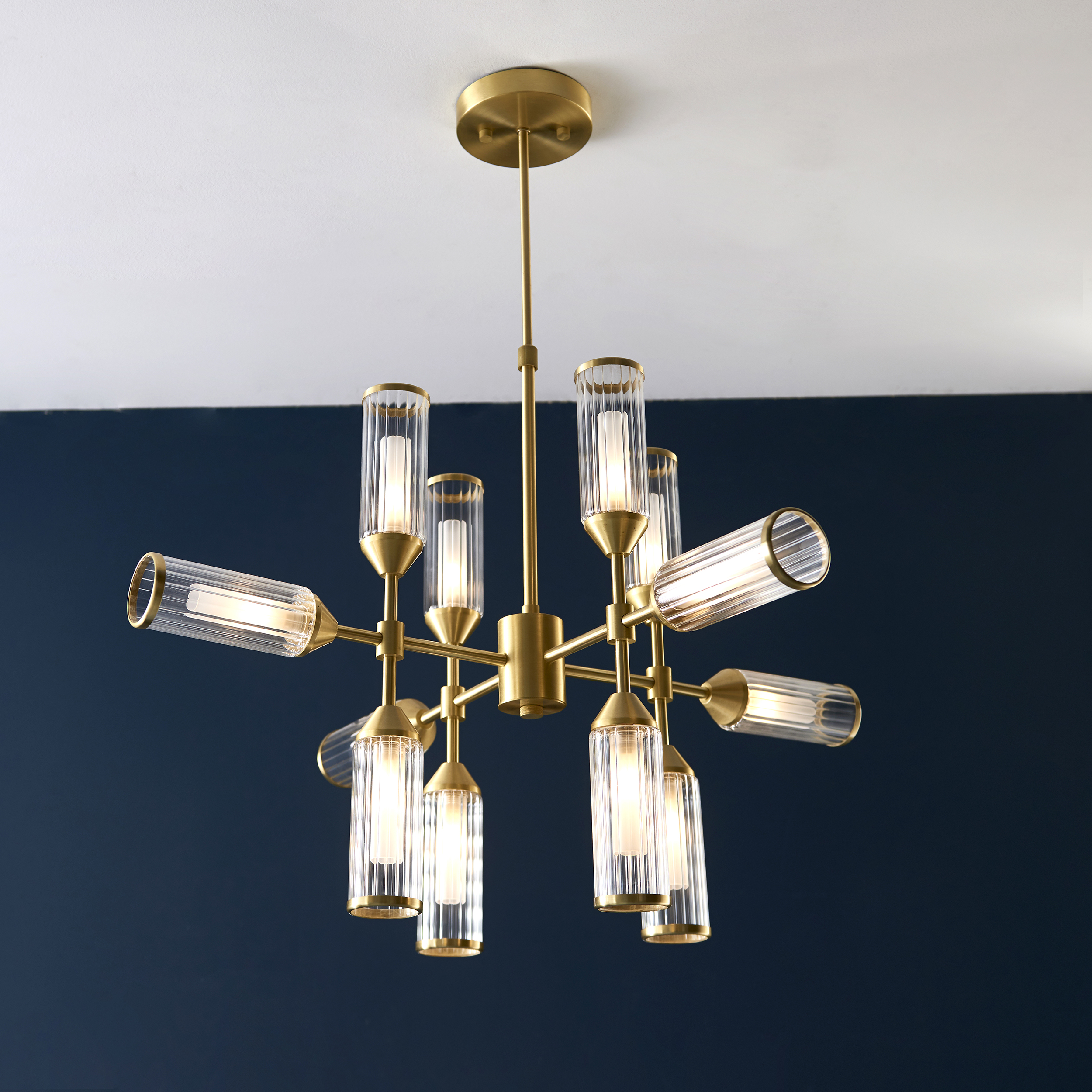 Mauris Pendant Light, Brass, Ribbed Glass, 12 Lamp