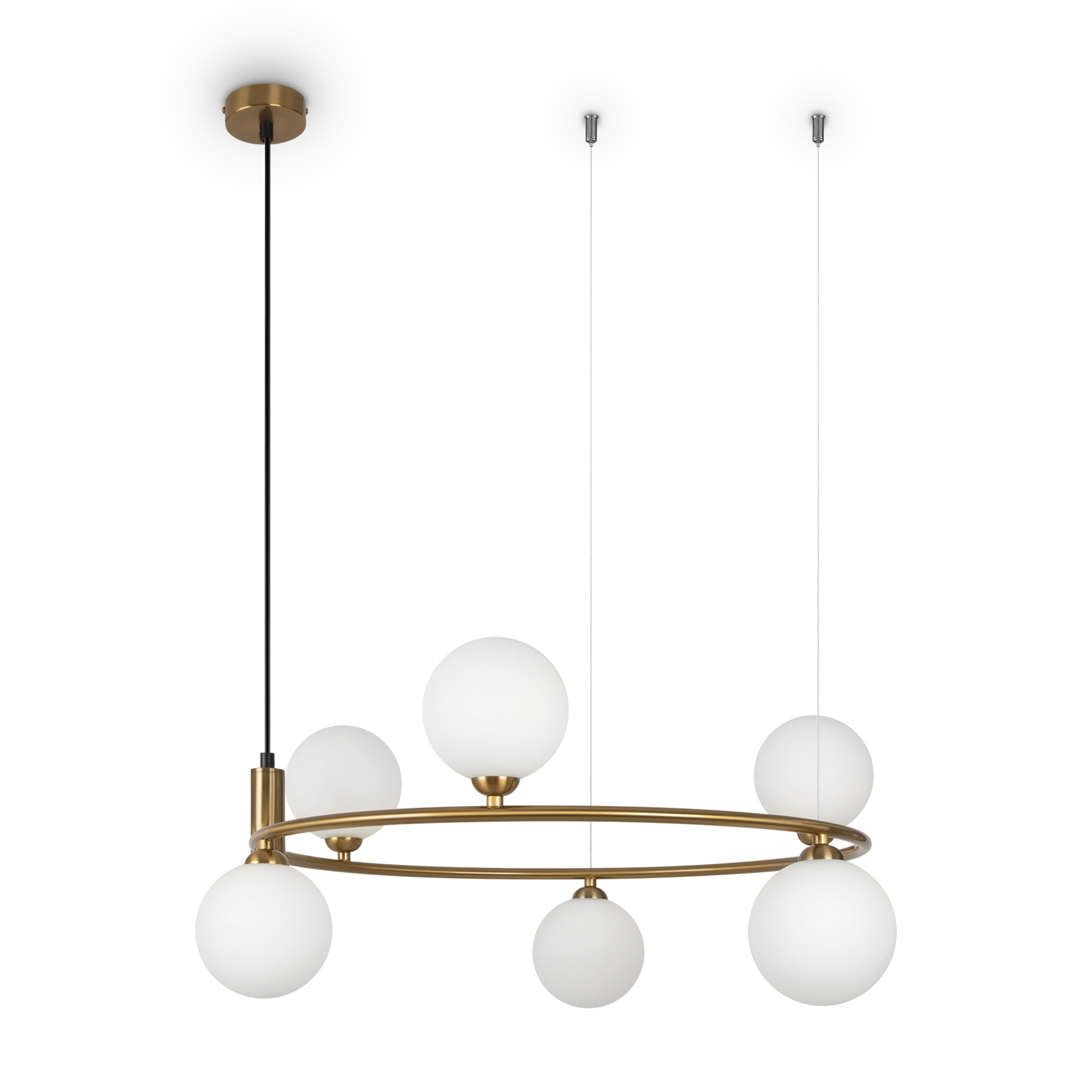 Ring Brass Chandelier, 6 Lamp, Opal Glass, Metal, 58cm Wide