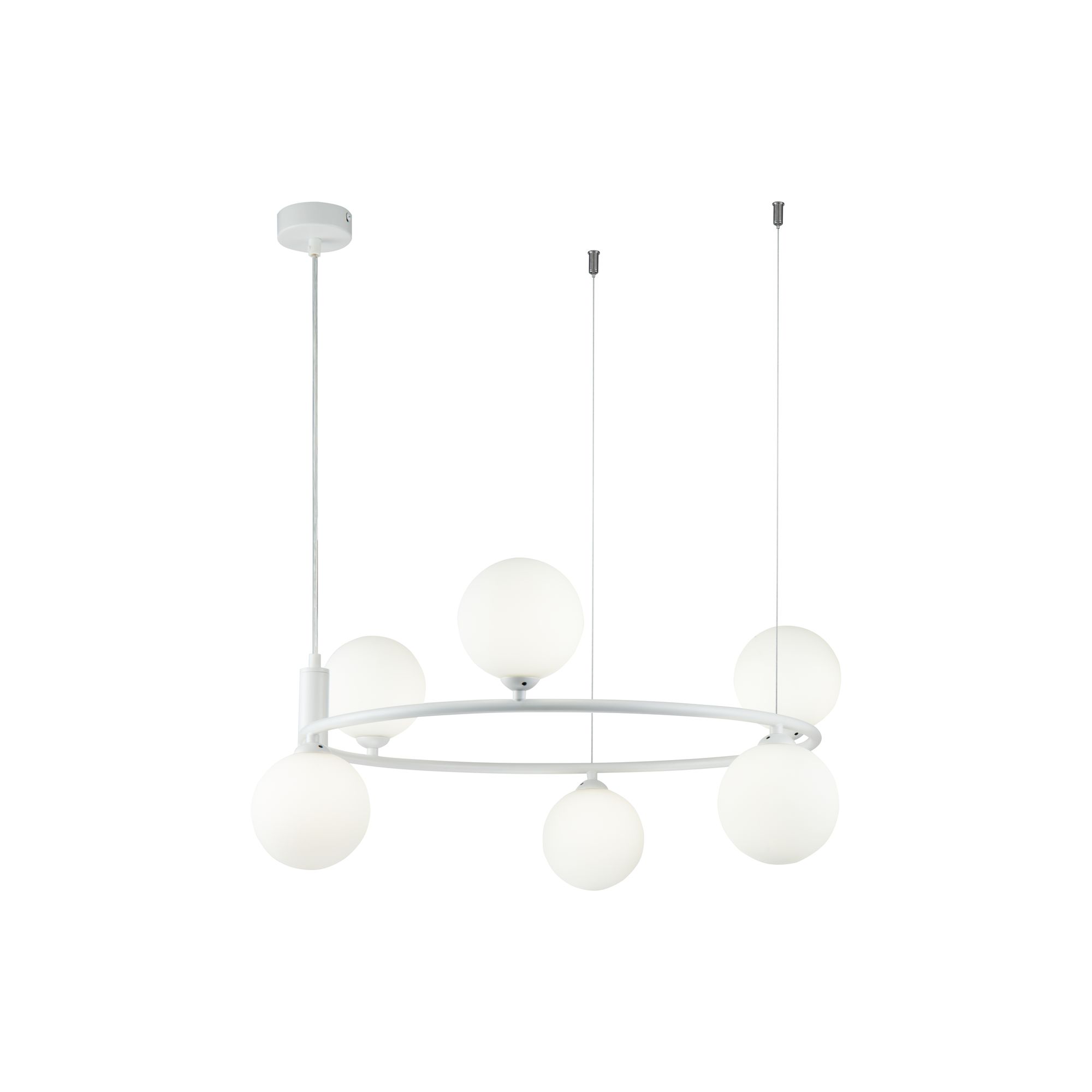 Ring White Chandelier, 6 Light, Opal Glass, Metal, 58cm Wide