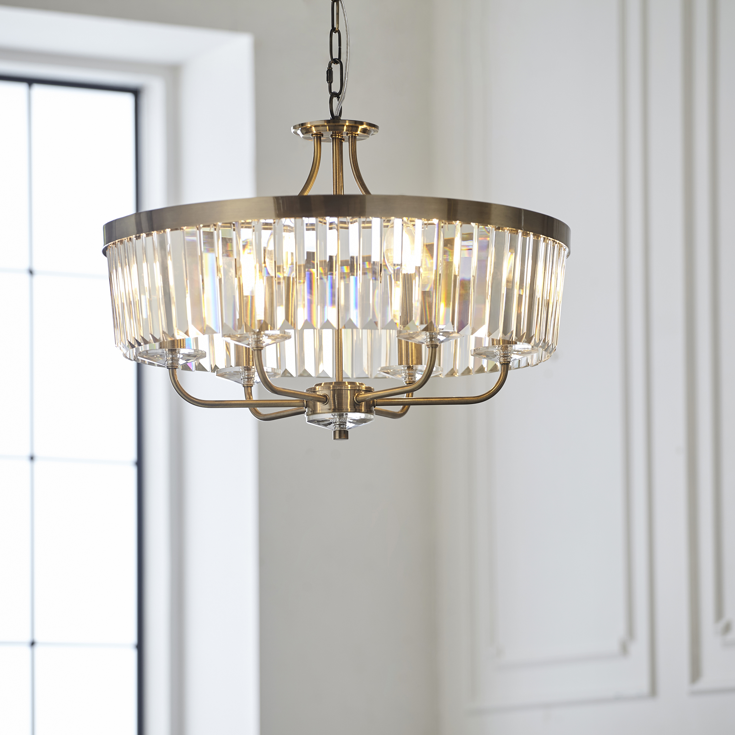 Quasar Chandelier, Antique Brass, Glass, 55cm
