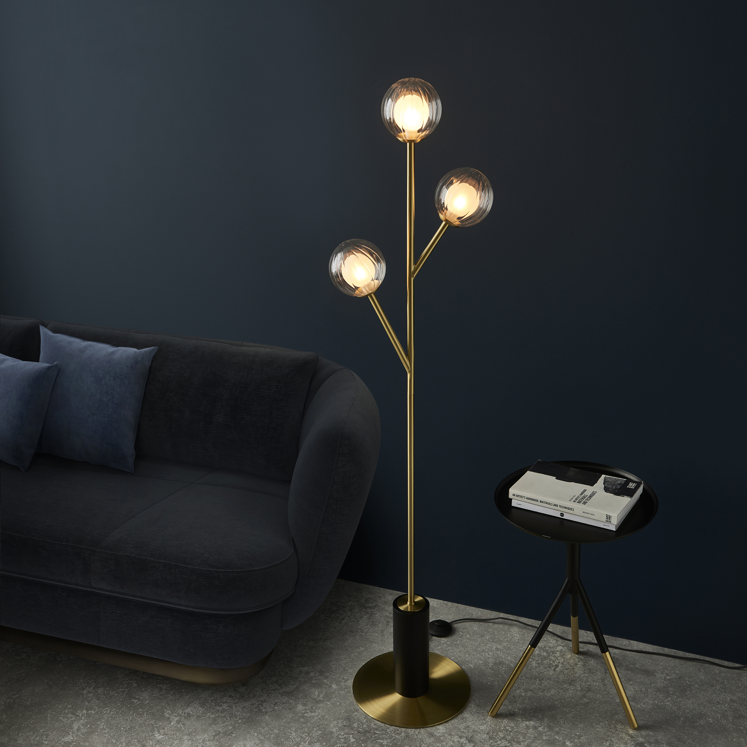 Eros Floor Lamp, 3 Light, Brass, Glass Globes