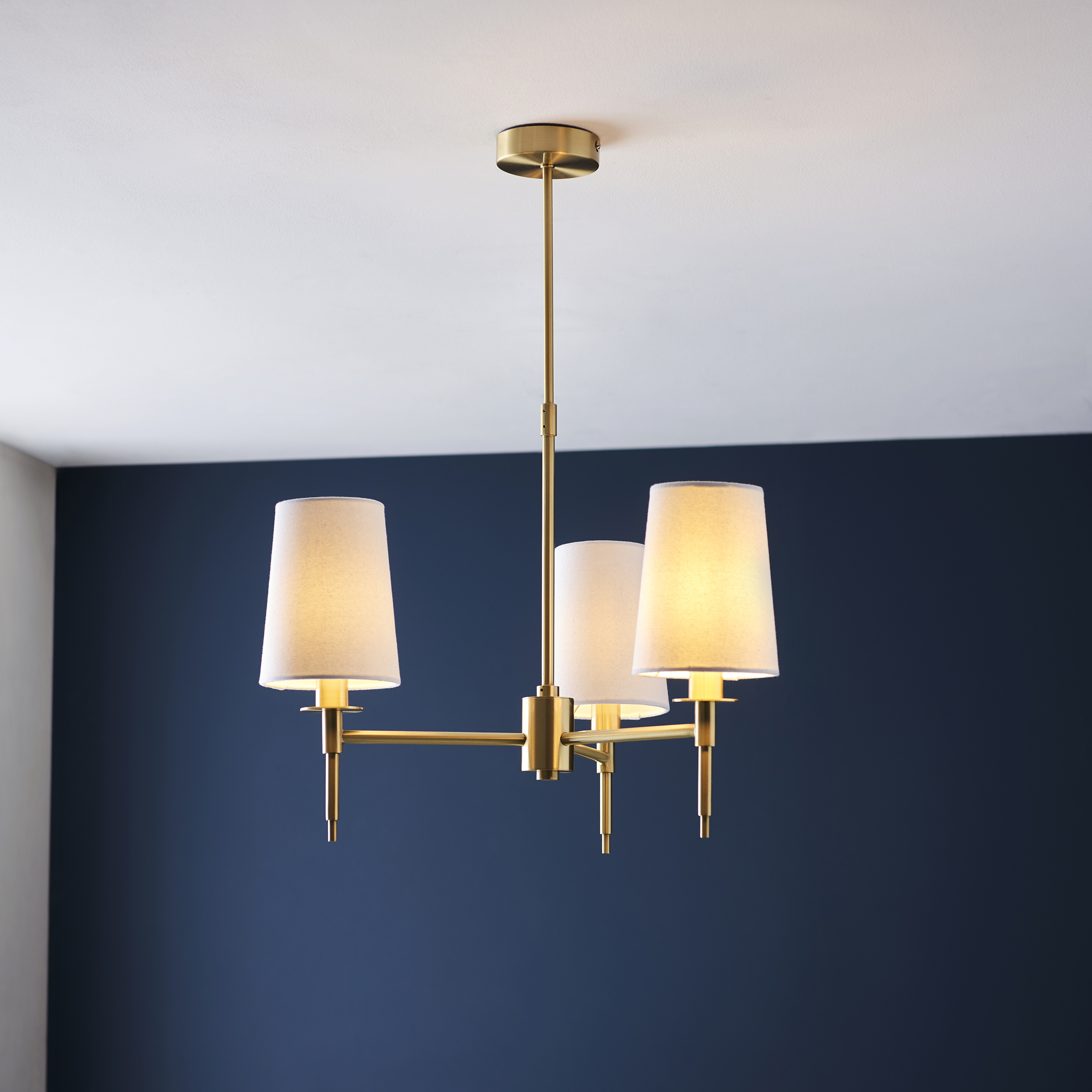 Lilt Rod Chandelier, Brass, 3 Arm, White Shades, 55cm