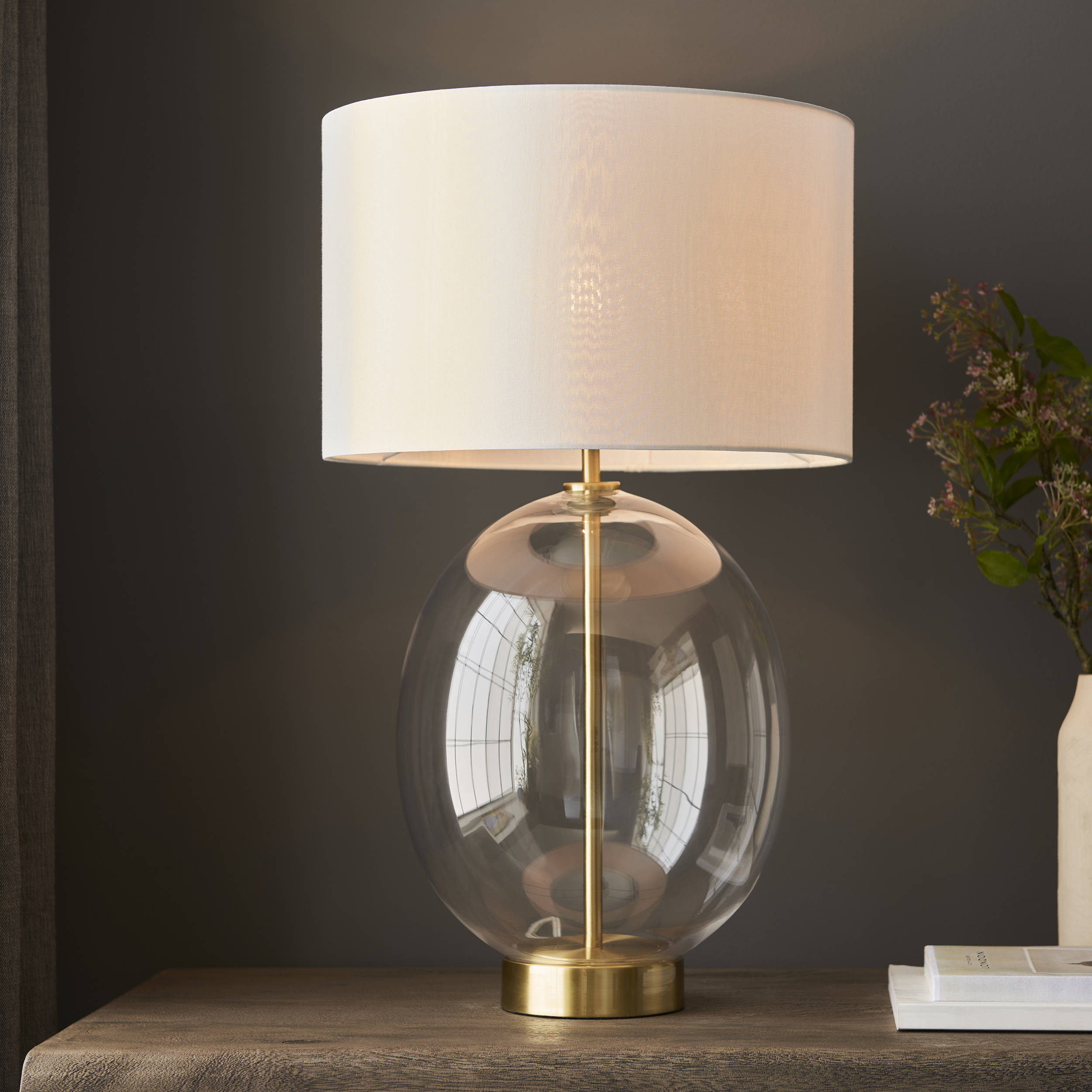 Vial Touch Table Lamp, Brass, Oval Glass, White Shade