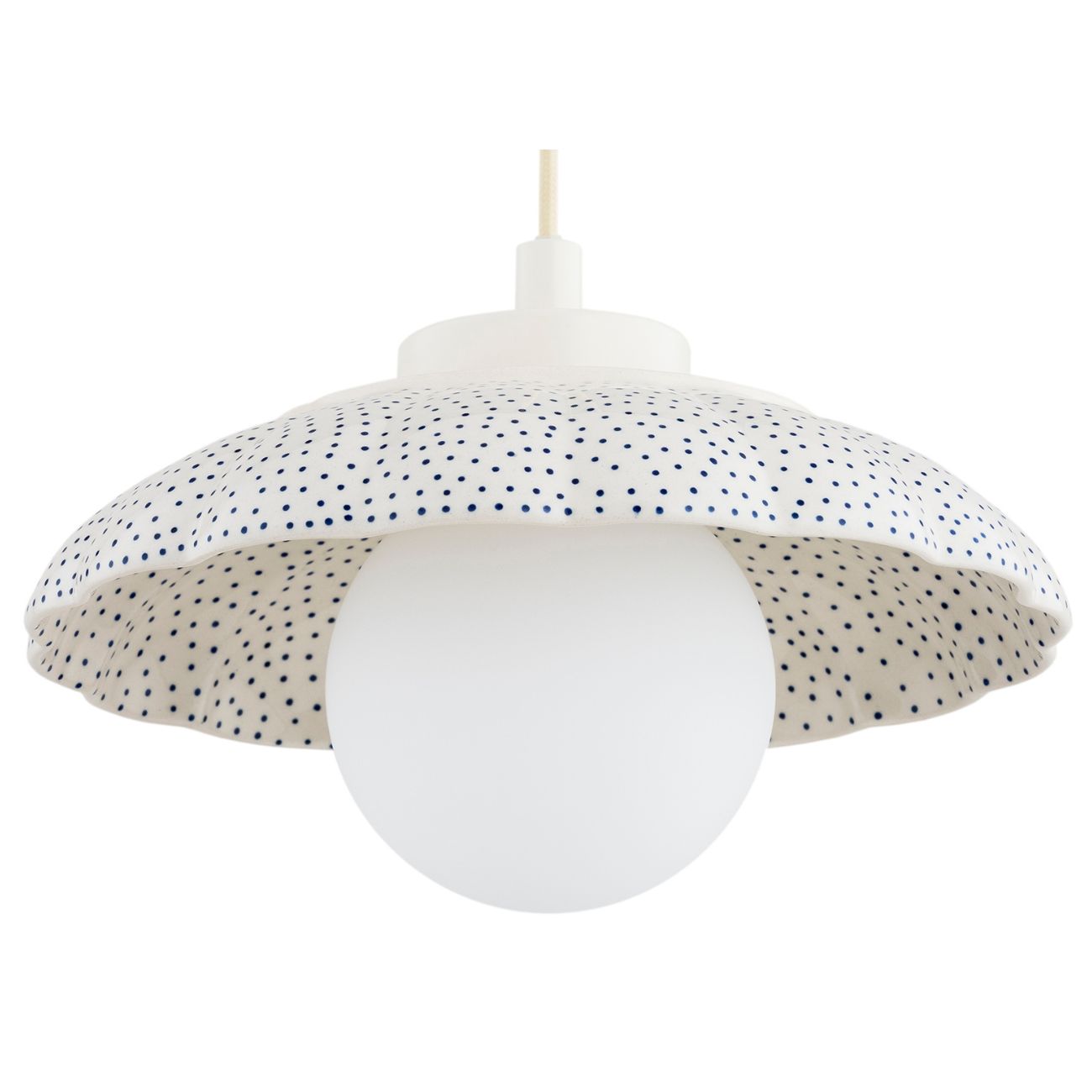Bolu Ceramic Dome IP44 Pendant Lamp, Cream & Cobalt Navy Blue, Opal Glass, 28cm Diameter
