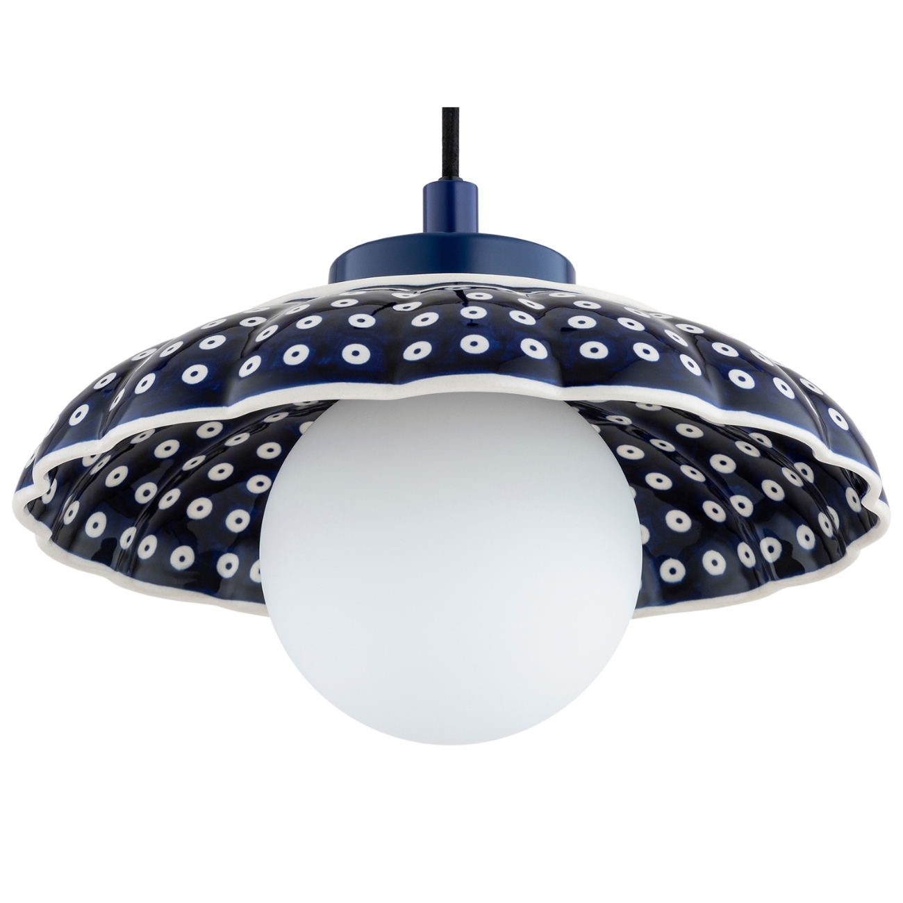 Bolu Ceramic Dome IP44 Pendant Lamp, Deep Cobalt Blue, Opal Matt Glass, 28cm Diameter