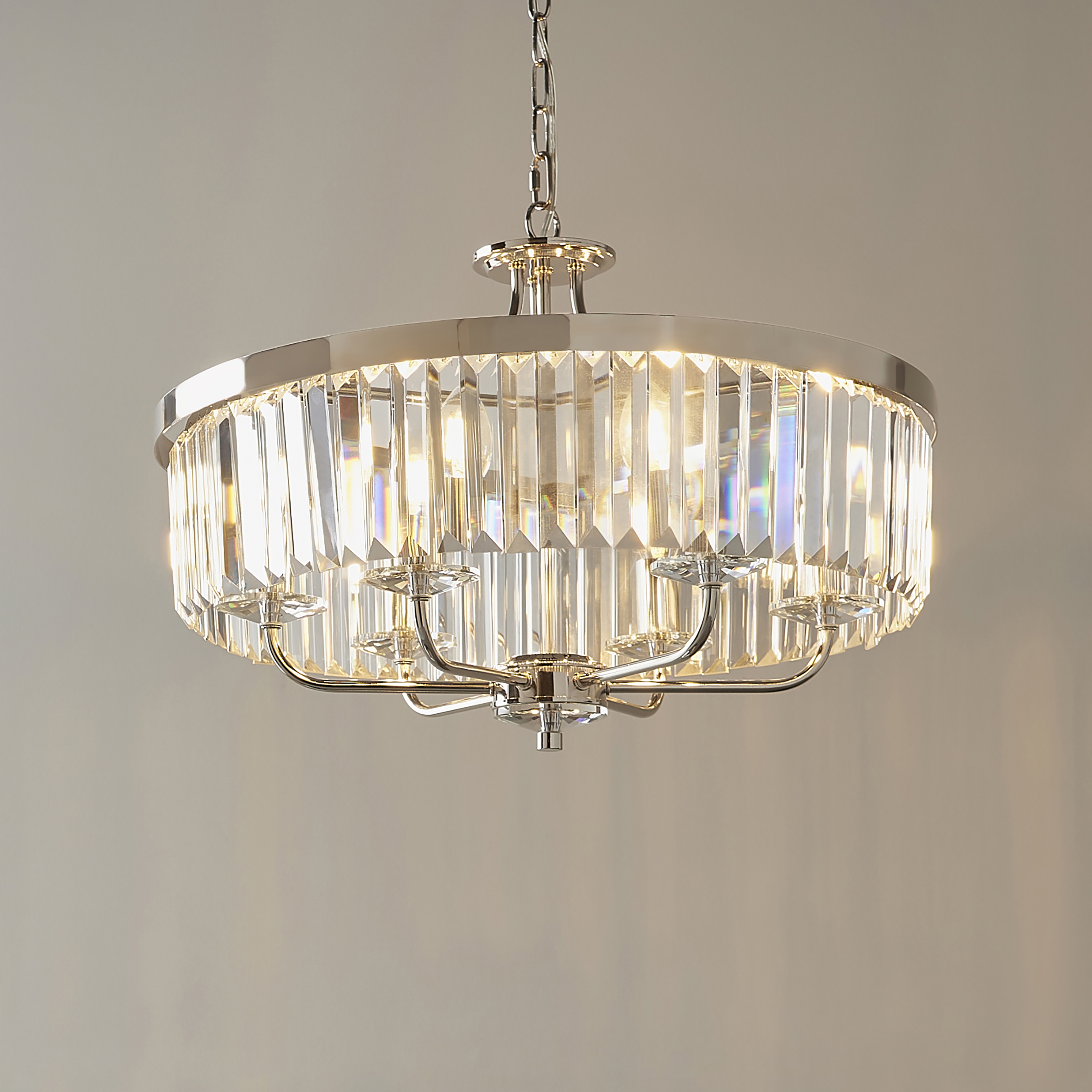 Quasar Chandelier, Polished Nickel, Cut Glass, 6 Light, 55cm