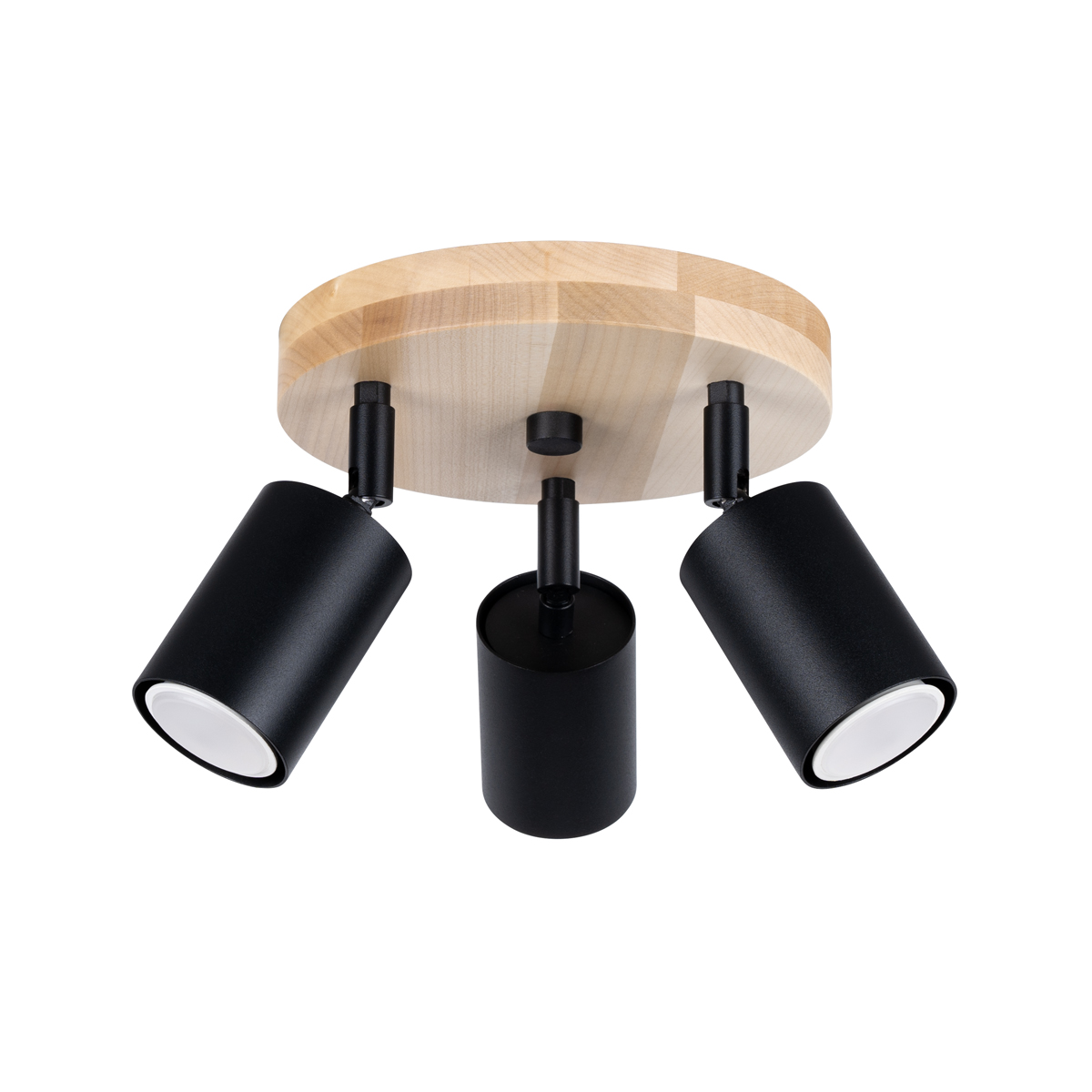Veurdo 3 Lamp Round Spotlight, Wood Plate, Black Adjustable Shades, 33cm Width
