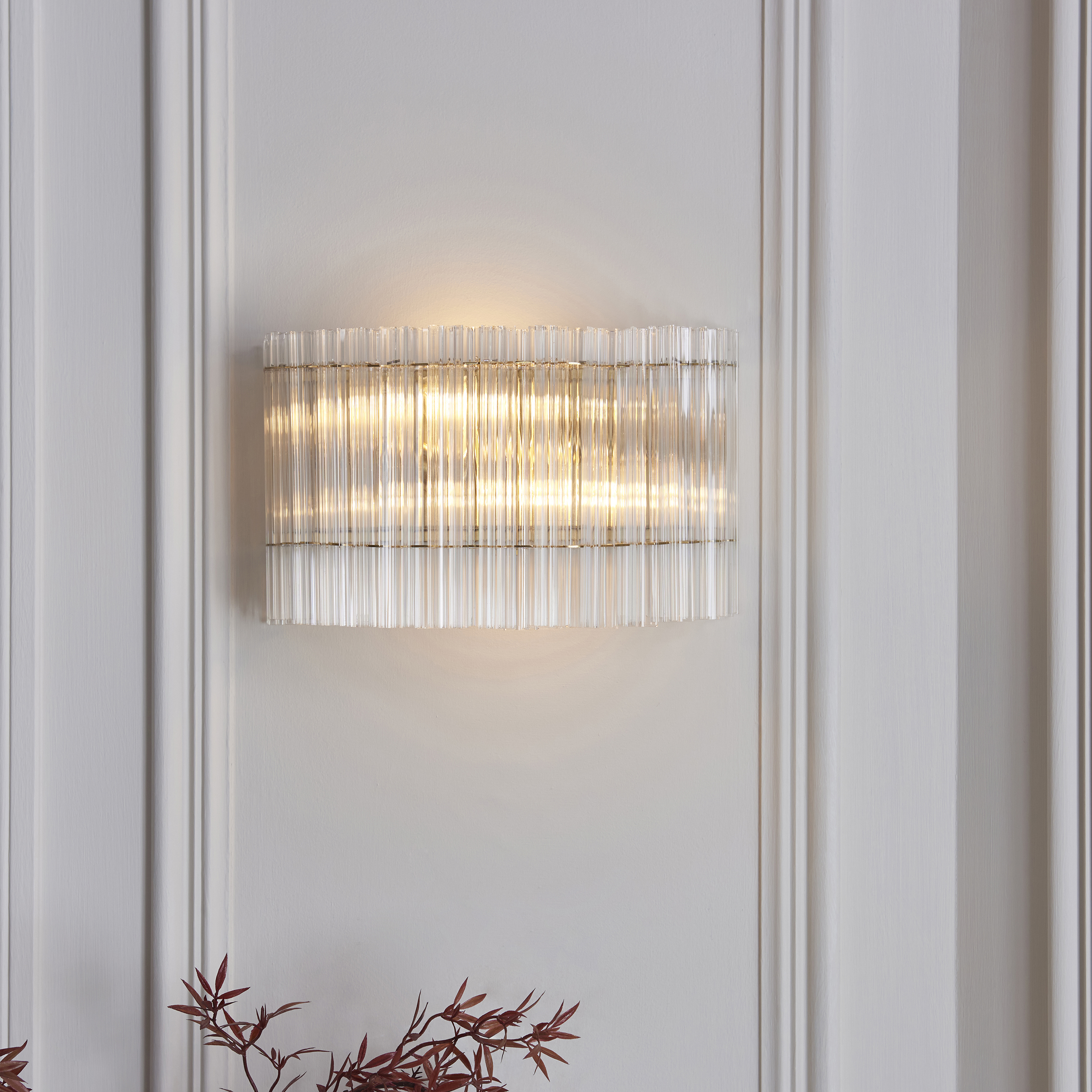 Kiro Curved 2 Lamp Wall Light, Clear Glass Rods, Brushed Aged Brass, 30cm Wide
