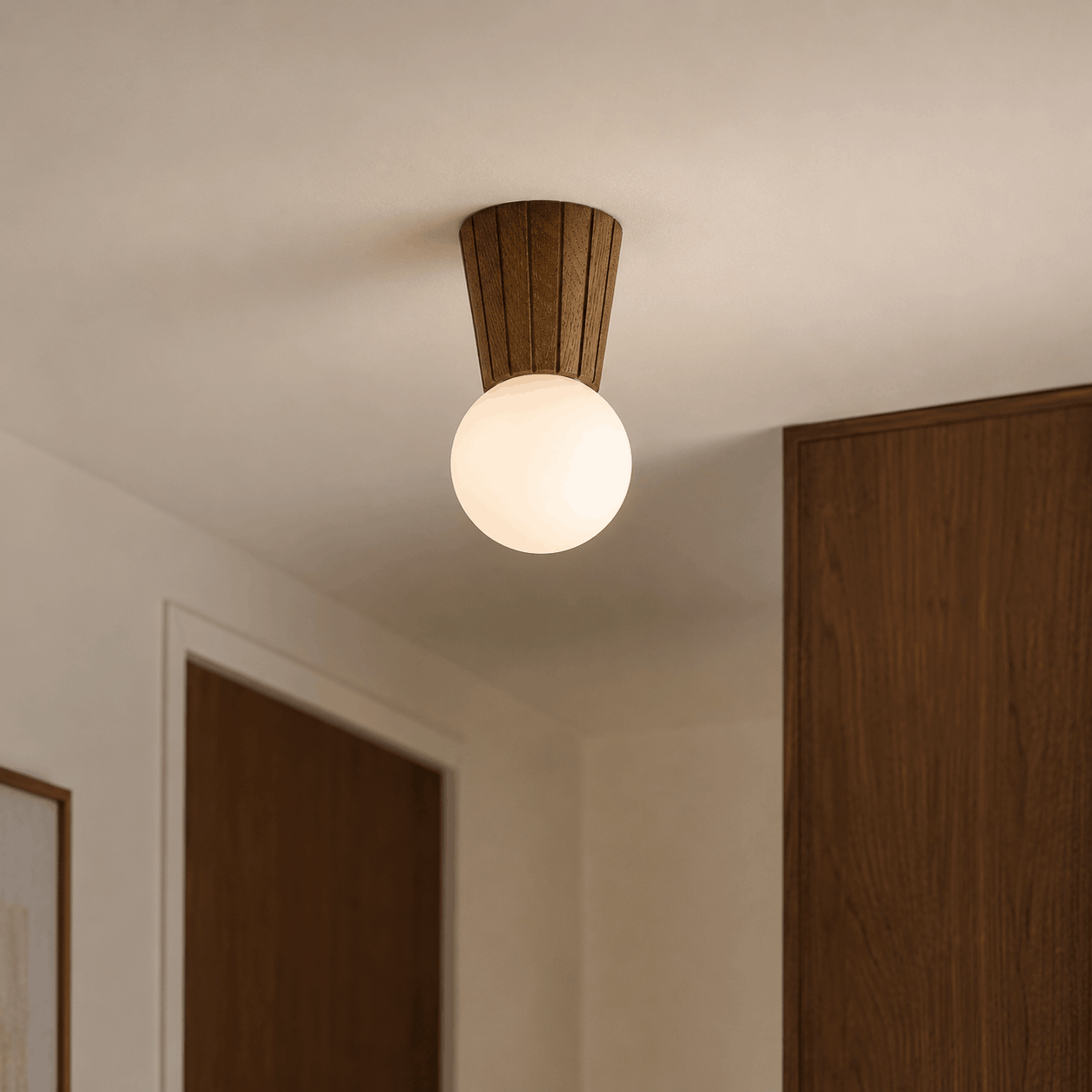 Foltant IP44 Ceiling Lamp, Dark Wood, Opal Glass, 1 Light, 12cm Diameter